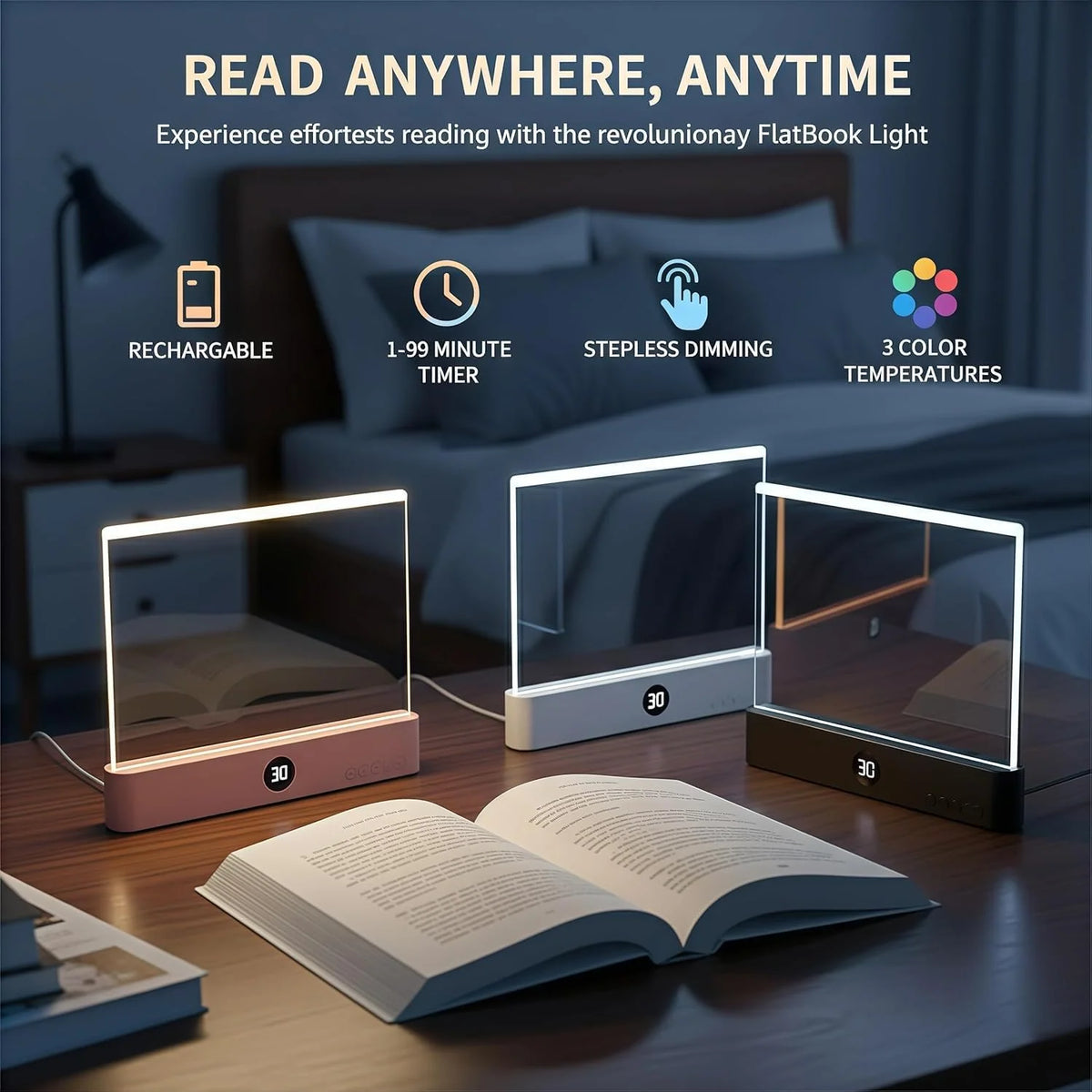 Book Reading Light 3 Color Modes Stepless Dimming 35-Hour Battery Life