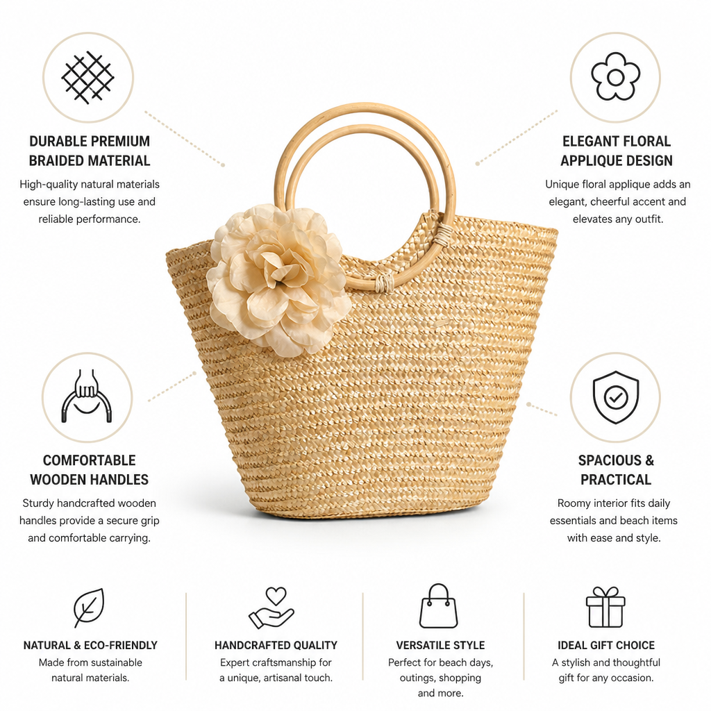 Braided Straw Floral Applique Handbag