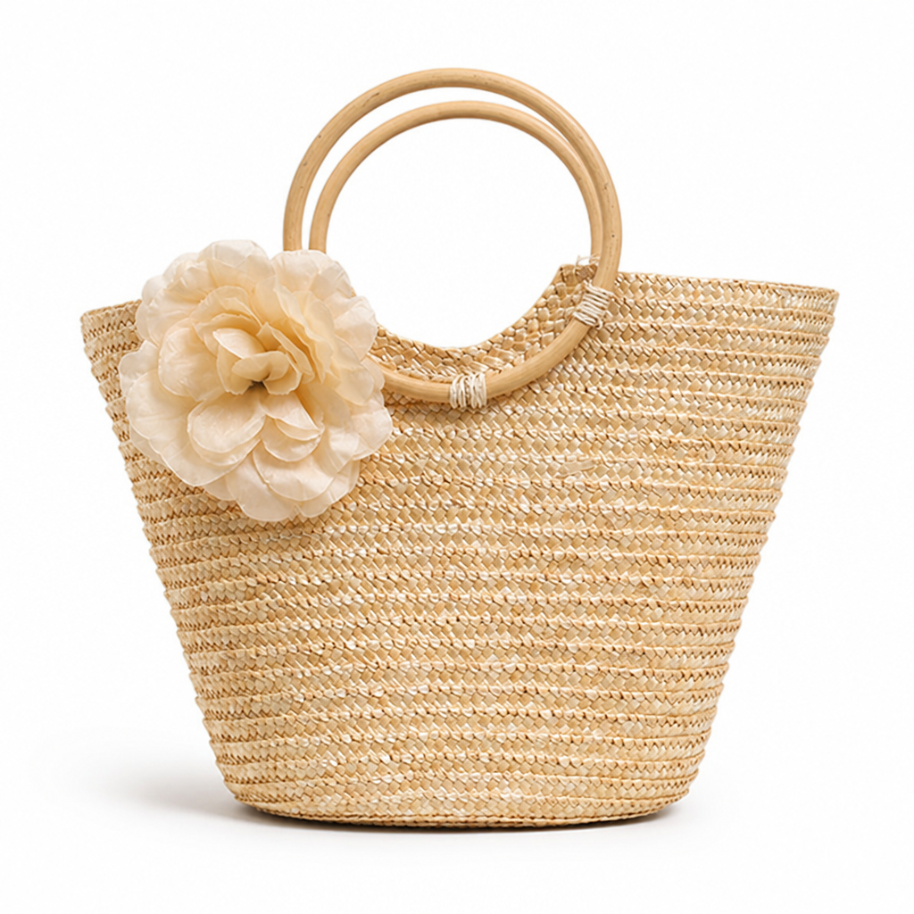 Braided Straw Floral Applique Handbag