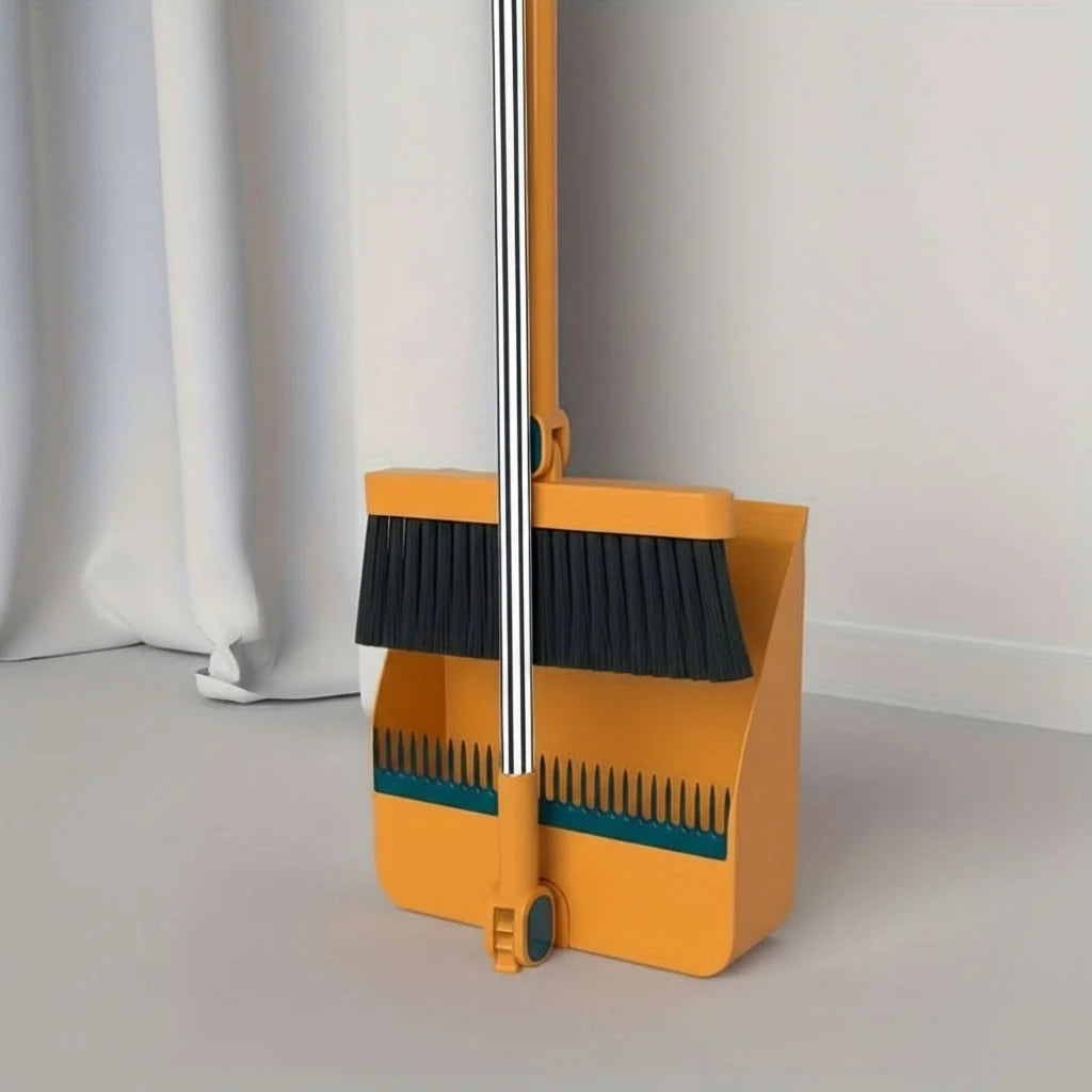 Broom and Dustpan Set Long Handle Integrated Pan Upright Storage