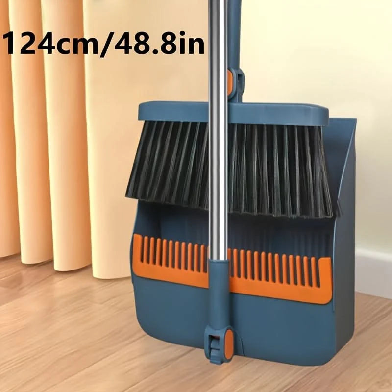 Broom and Dustpan Set Long Handle Integrated Pan Upright Storage