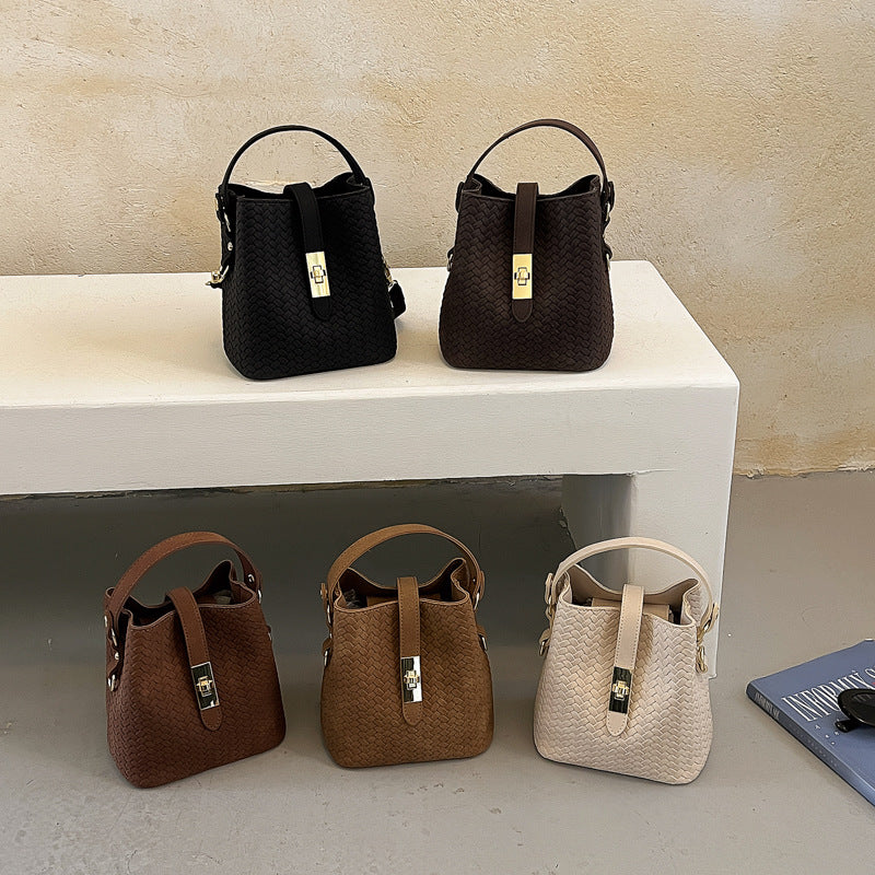 Bucket Handbag Woven Leather Spacious Interior Sturdy Handle