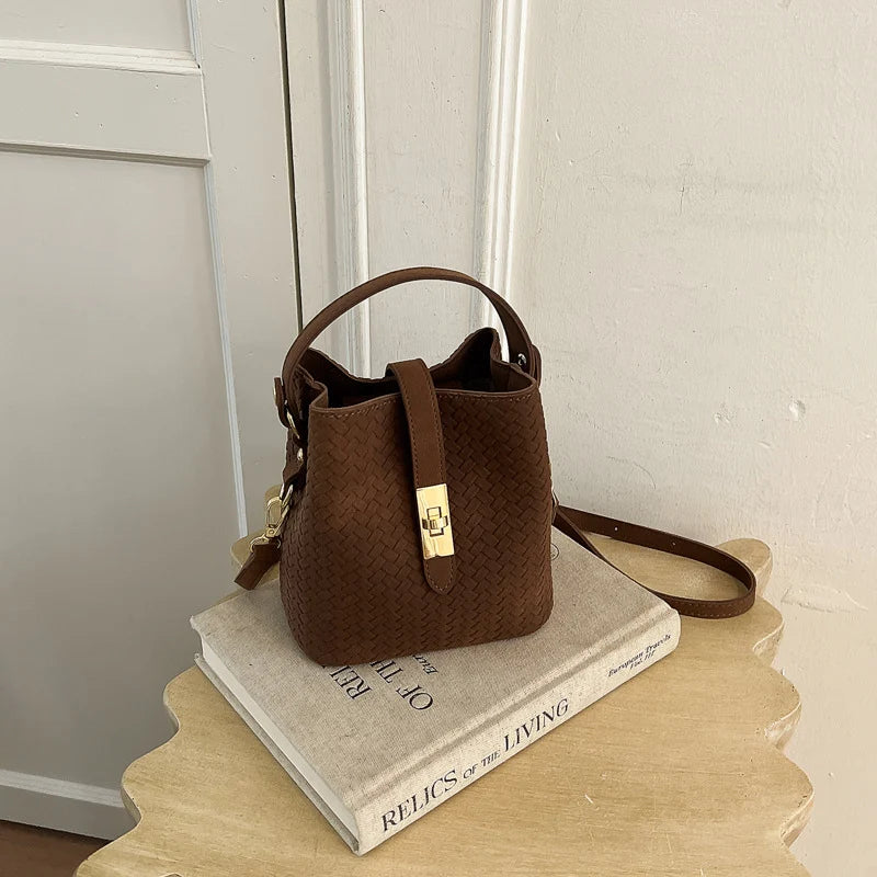Bucket Handbag Woven Leather Spacious Interior Sturdy Handle