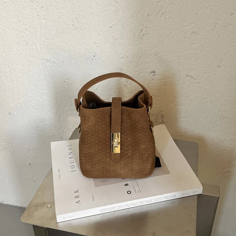 Bucket Handbag Woven Leather Spacious Interior Sturdy Handle