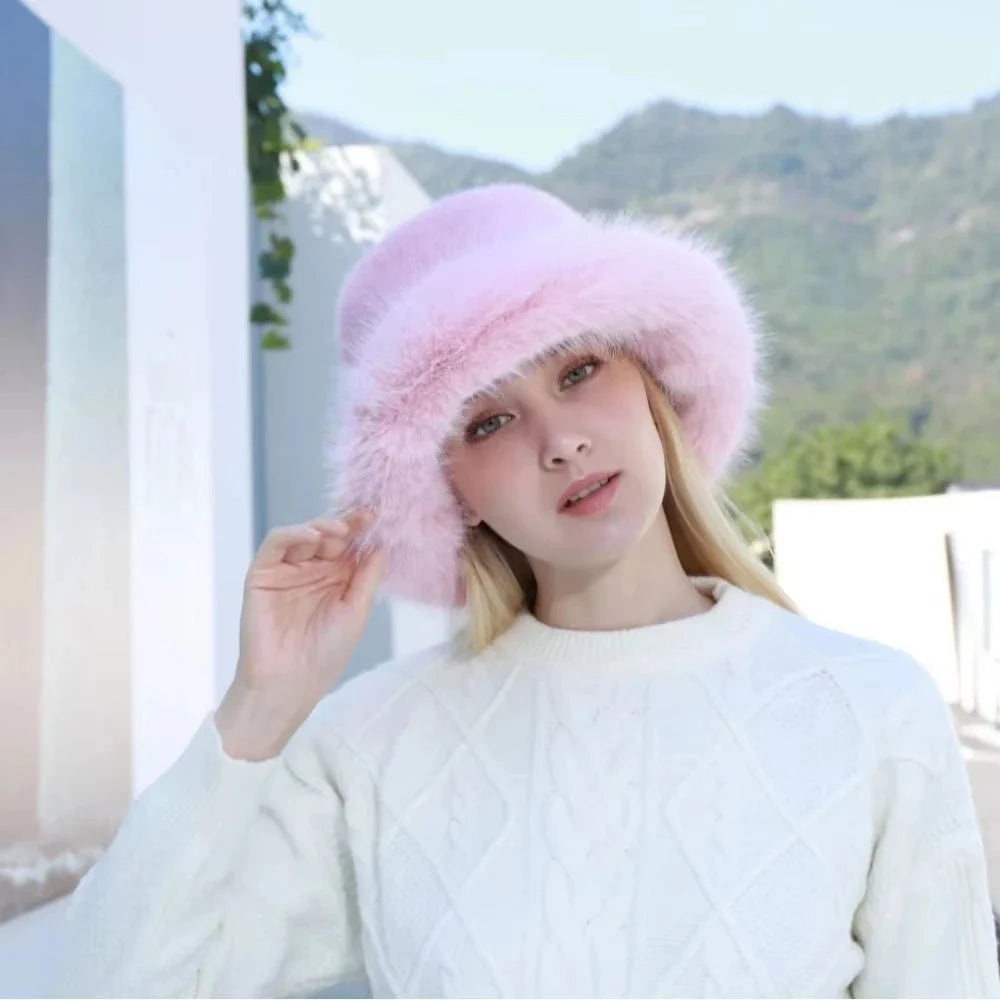 Bucket Hat Soft Faux Fur Warm Stretch Fit