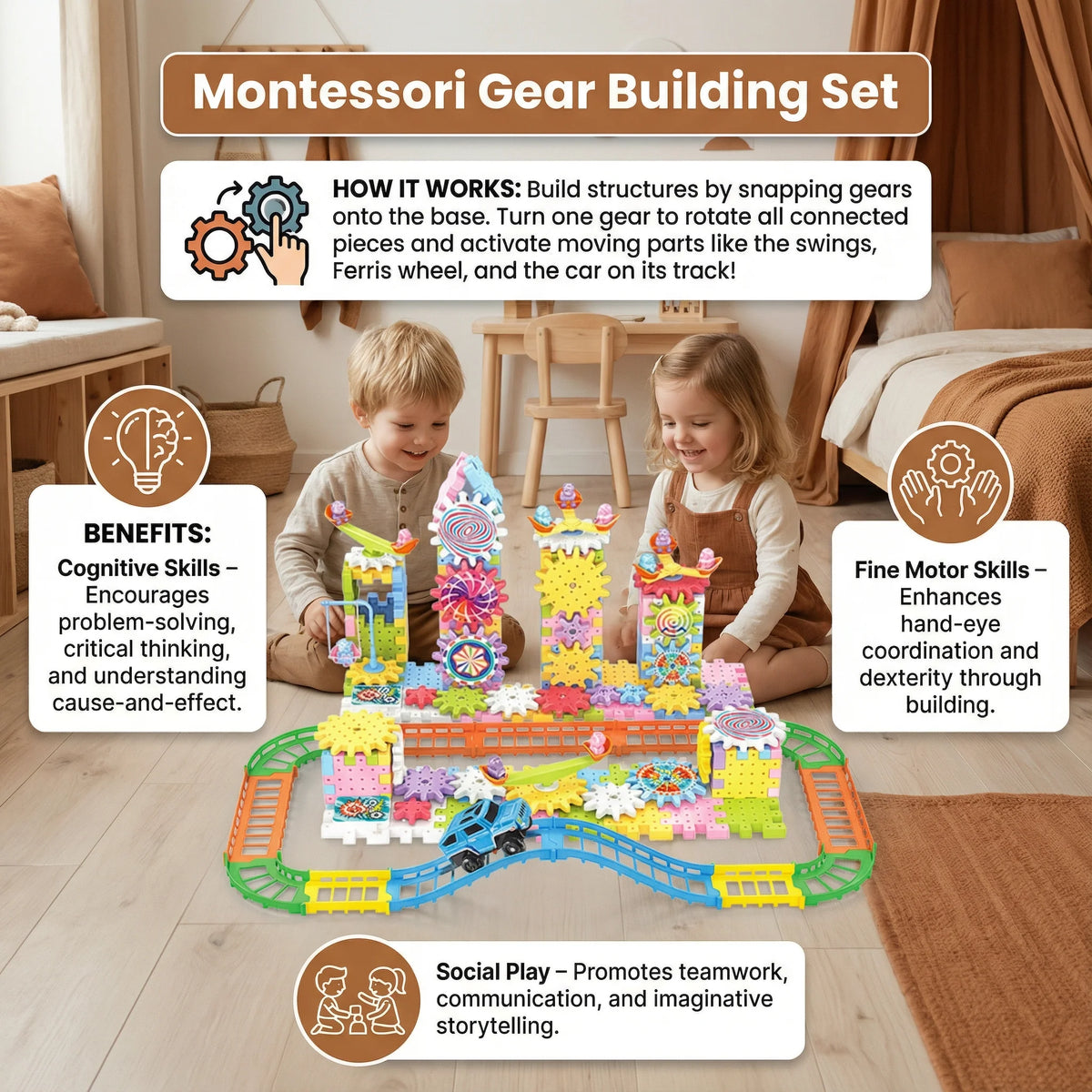 Building Set Snap-Together Rotating Gears Up To 203 Pieces