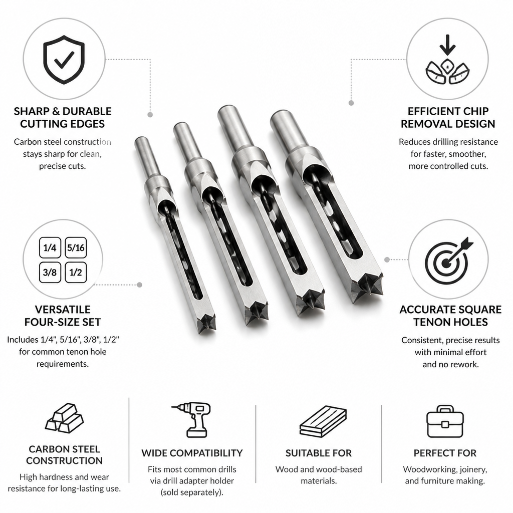 CNC-Milled Carbon Steel Square Tenon Drill Bit Set (Set of 4)