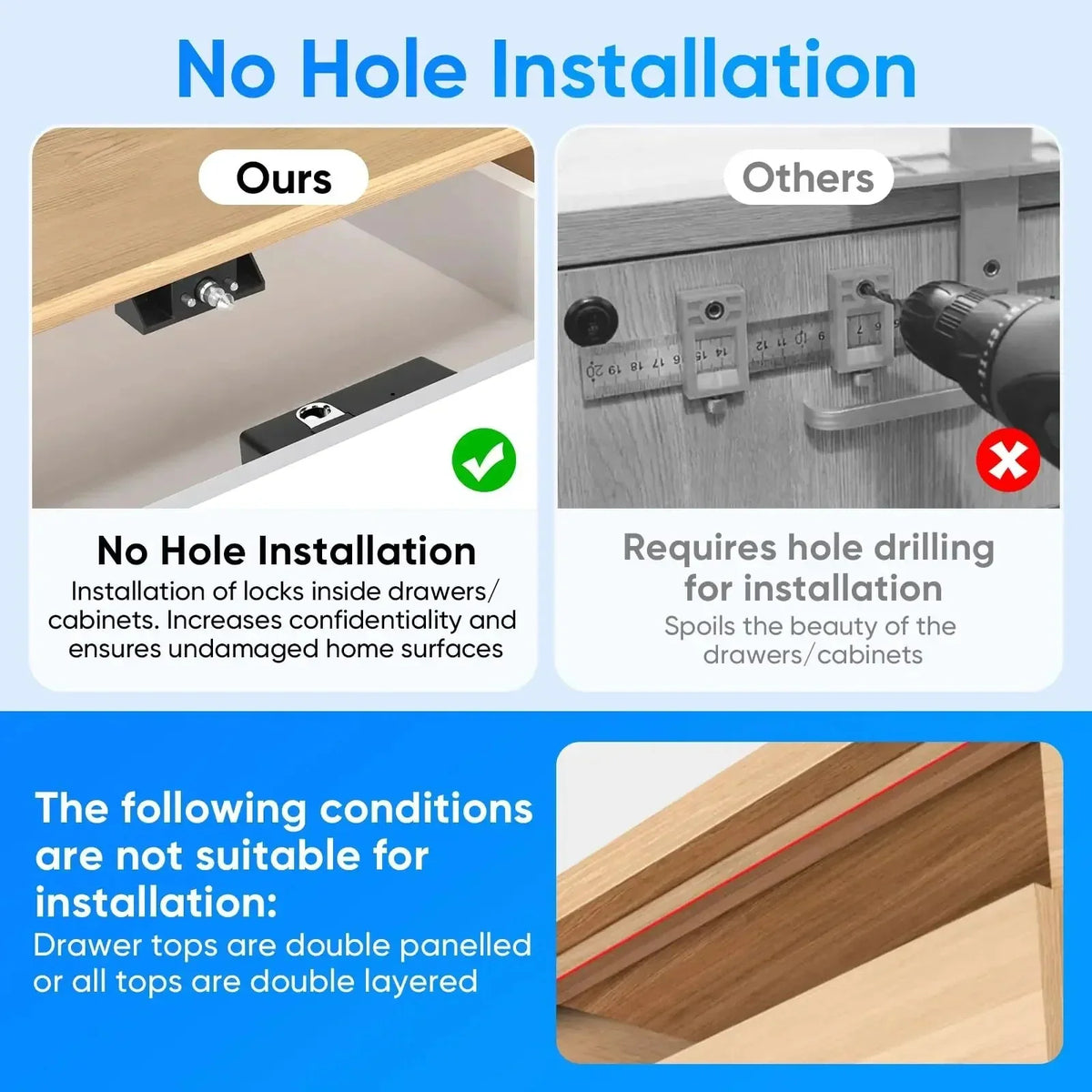 Cabinet Lock Fingerprint Keyless No-Drill Installation & USB Backup