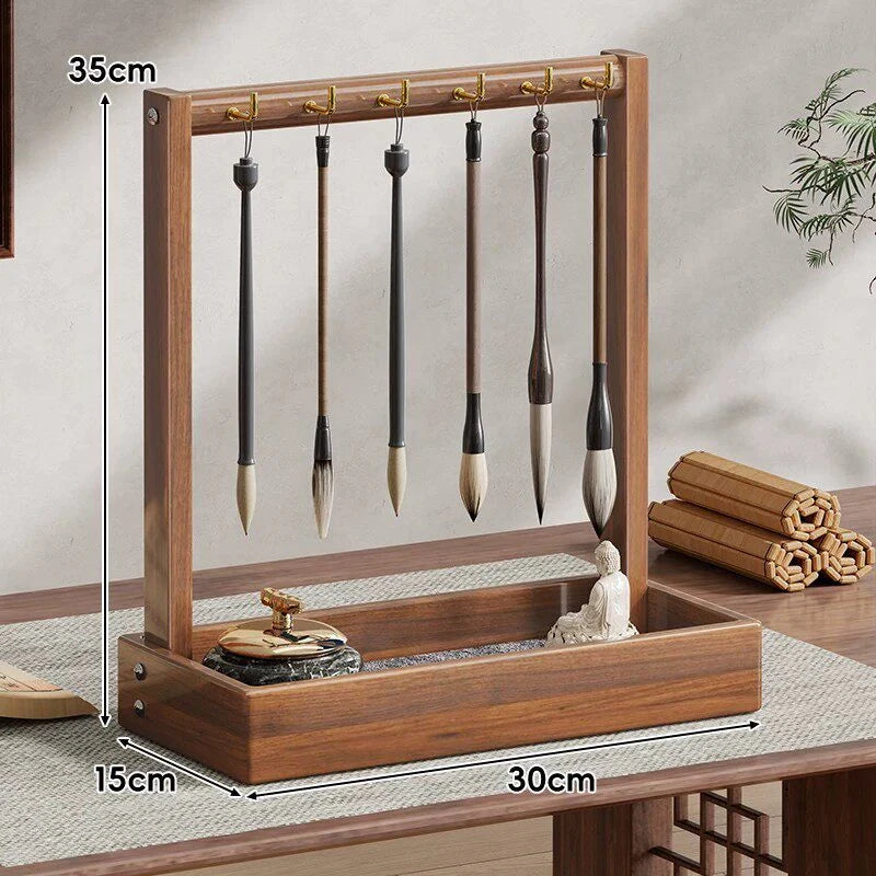 Calligraphy Brush Holder Wooden Hanging Rack Removable Tray