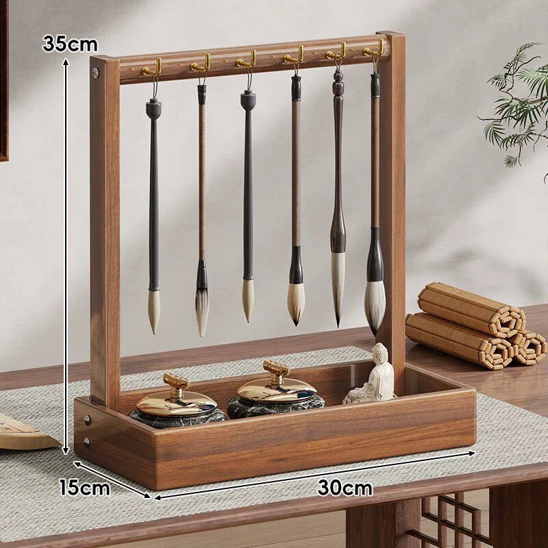 Calligraphy Brush Holder Wooden Hanging Rack Removable Tray