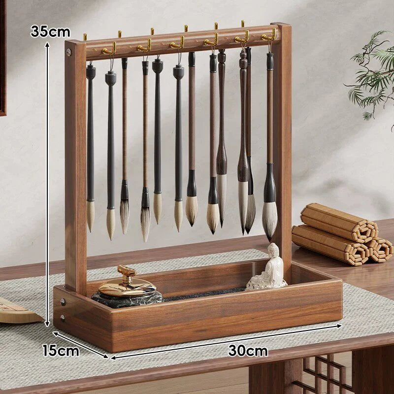 Calligraphy Brush Holder Wooden Hanging Rack Removable Tray