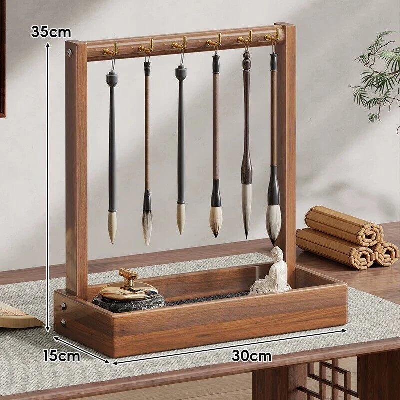 Calligraphy Brush Holder Wooden Hanging Rack Removable Tray