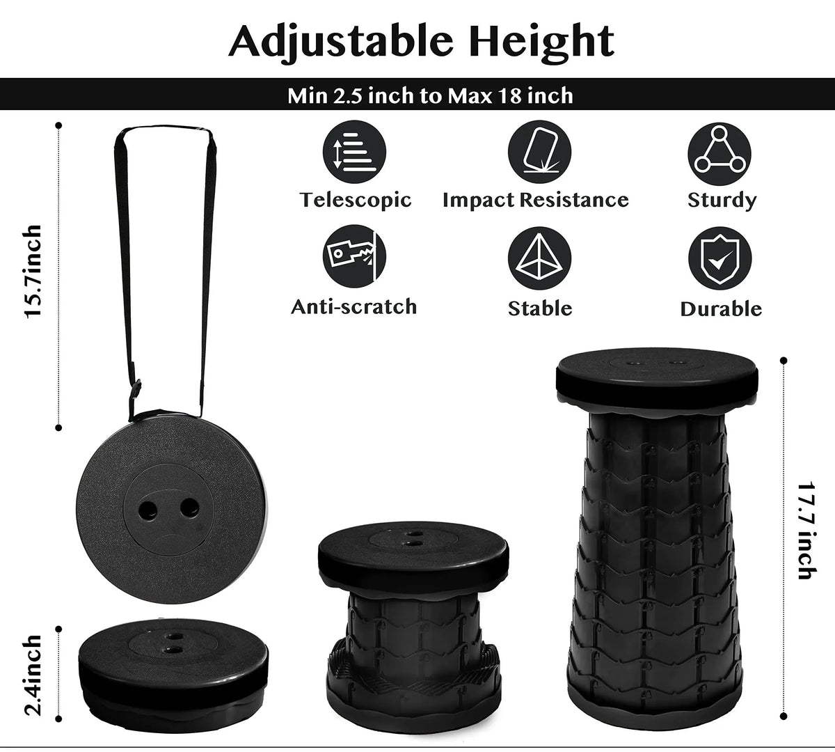 Camping Stool Telescopic Adjustable Height Collapsible 330 Pounds