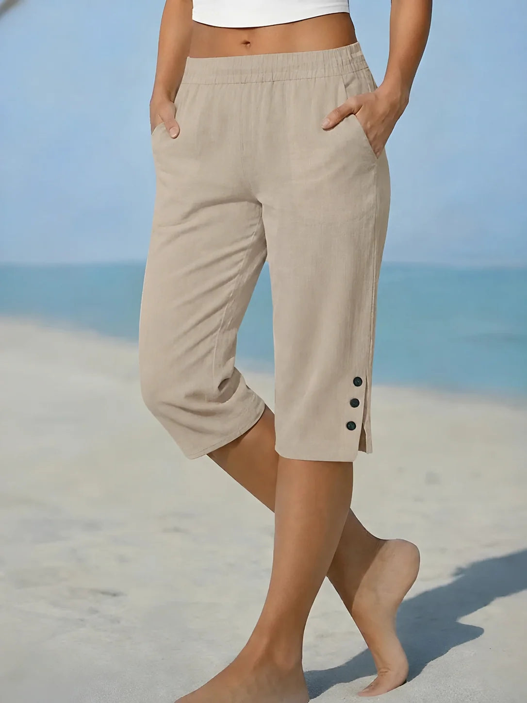 Capri Pants Relaxed Fit Elastic Waistband Side Pockets