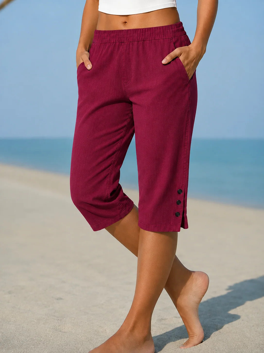 Capri Pants Relaxed Fit Elastic Waistband Side Pockets