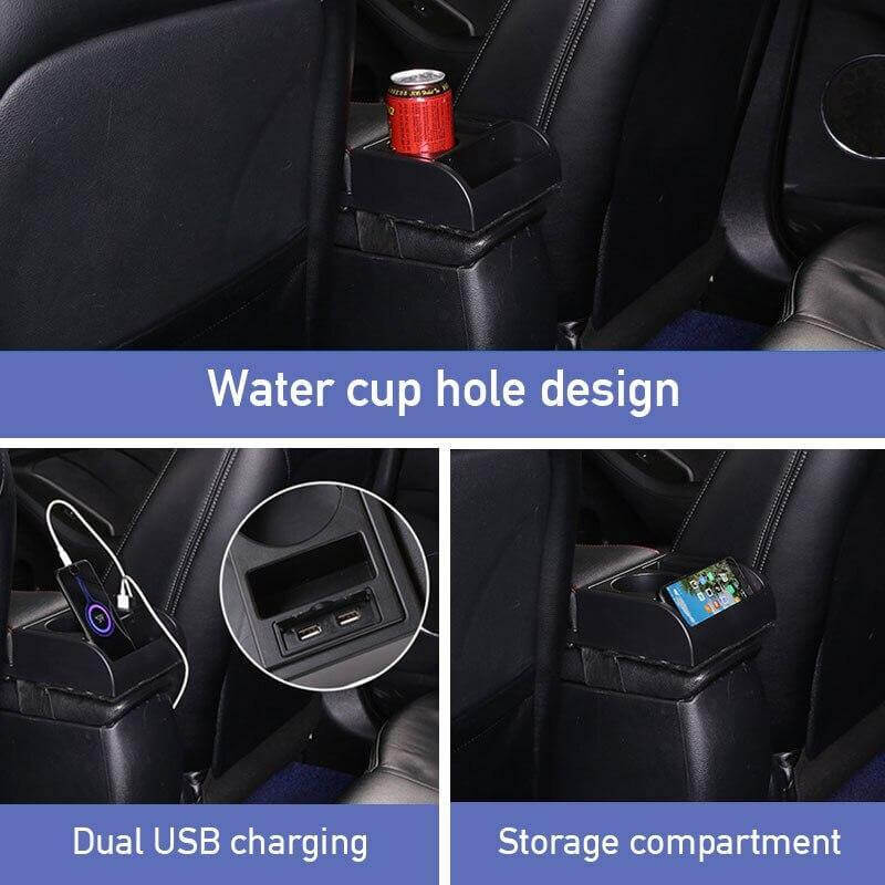 Car Armrest Organizer Dual USB Charging Side Pockets