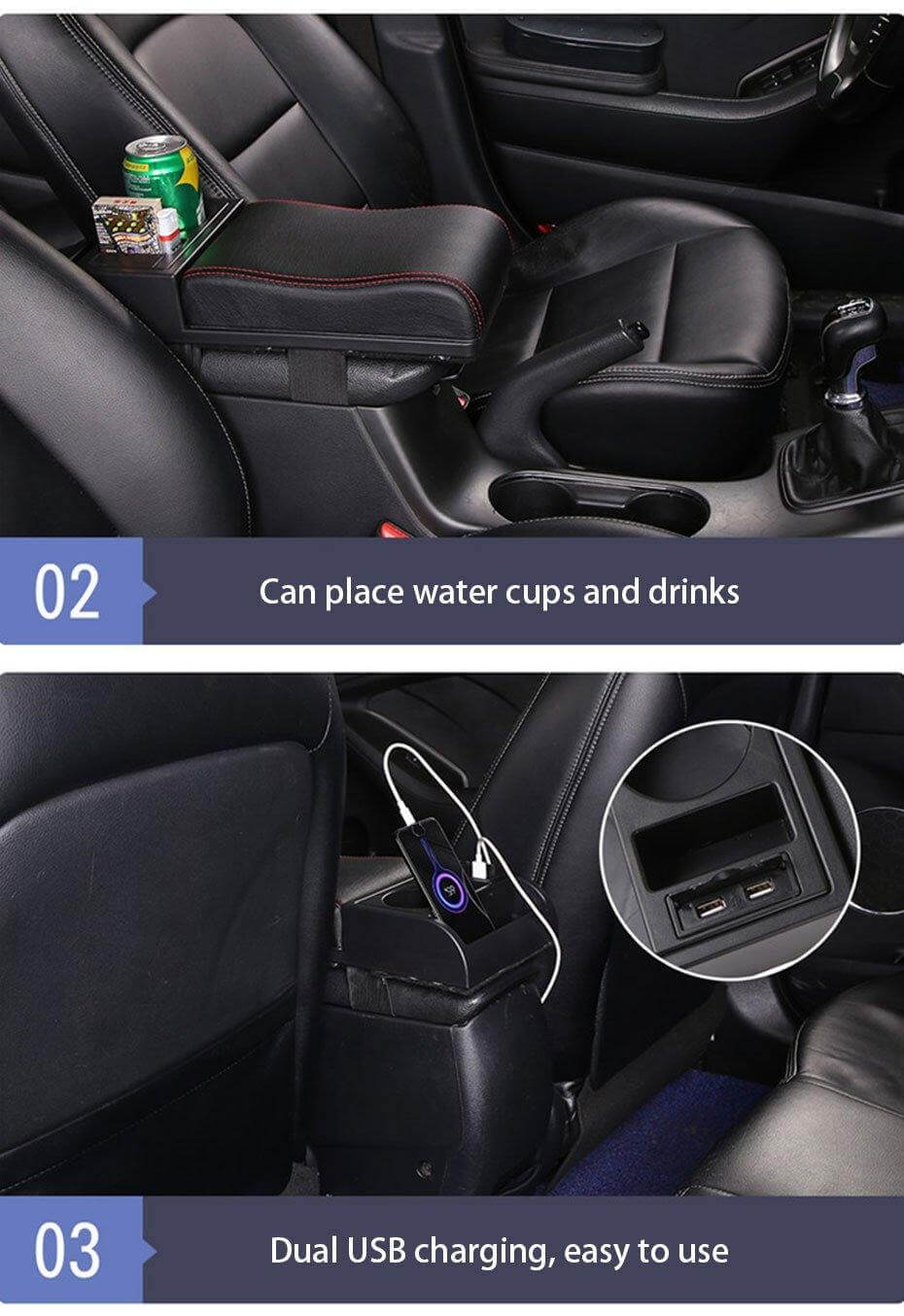 Car Armrest Organizer Dual USB Charging Side Pockets