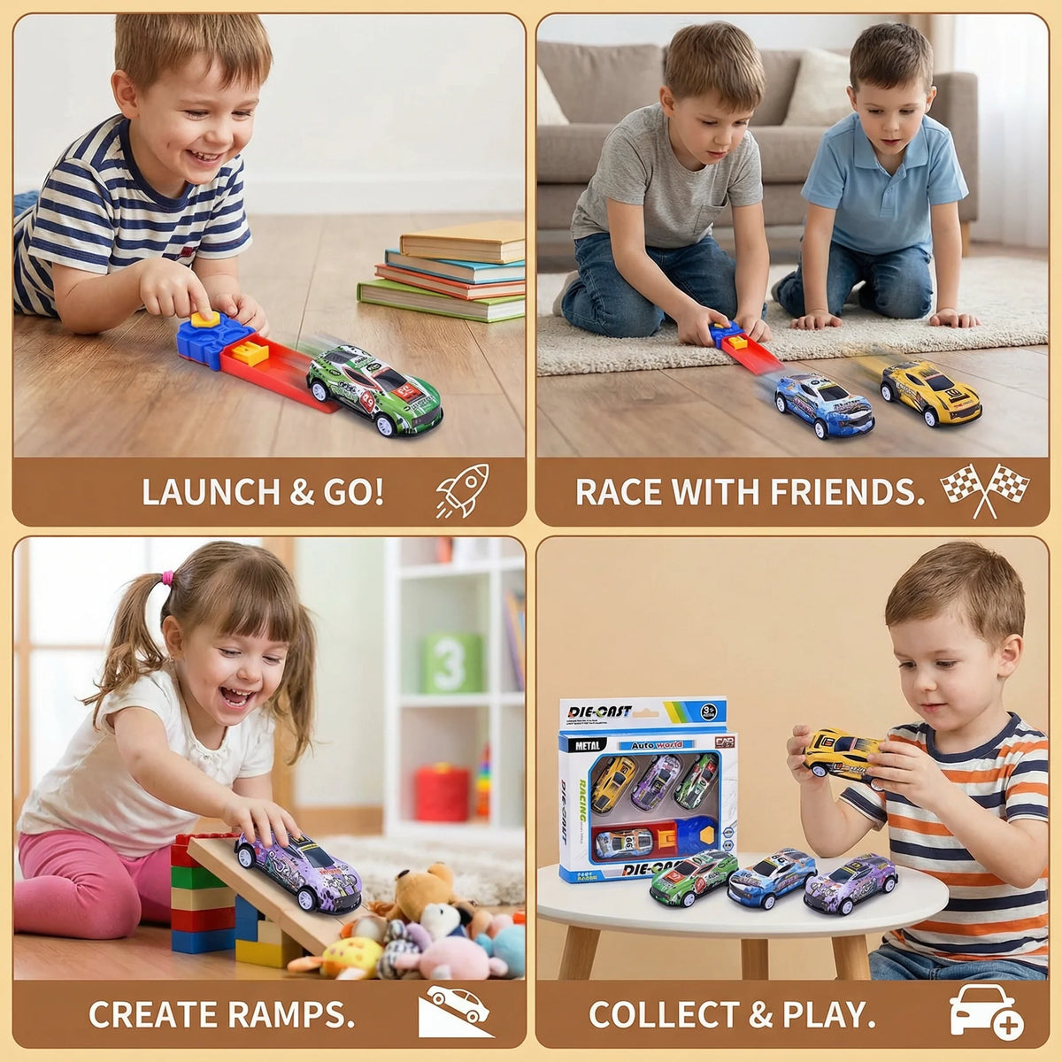 Car Catapult Set Button-Press Launcher 4 Die-Cast Cars