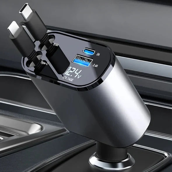 Car Charger Dual Retractable Cables 4 Ports Includes Adapters
