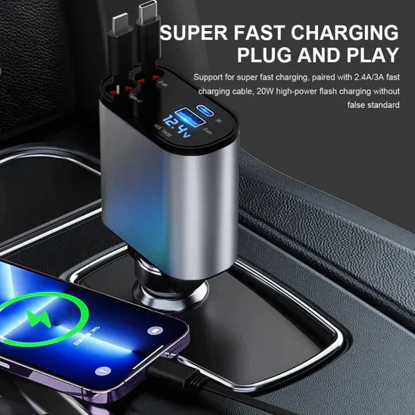 Car Charger Dual Retractable Cables 4 Ports Includes Adapters