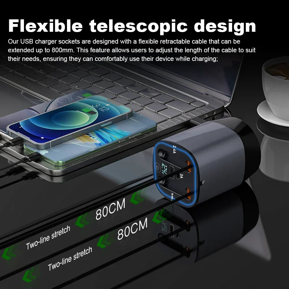 Car Charger Retractable Cable Fast Charging for Apple & USB-C