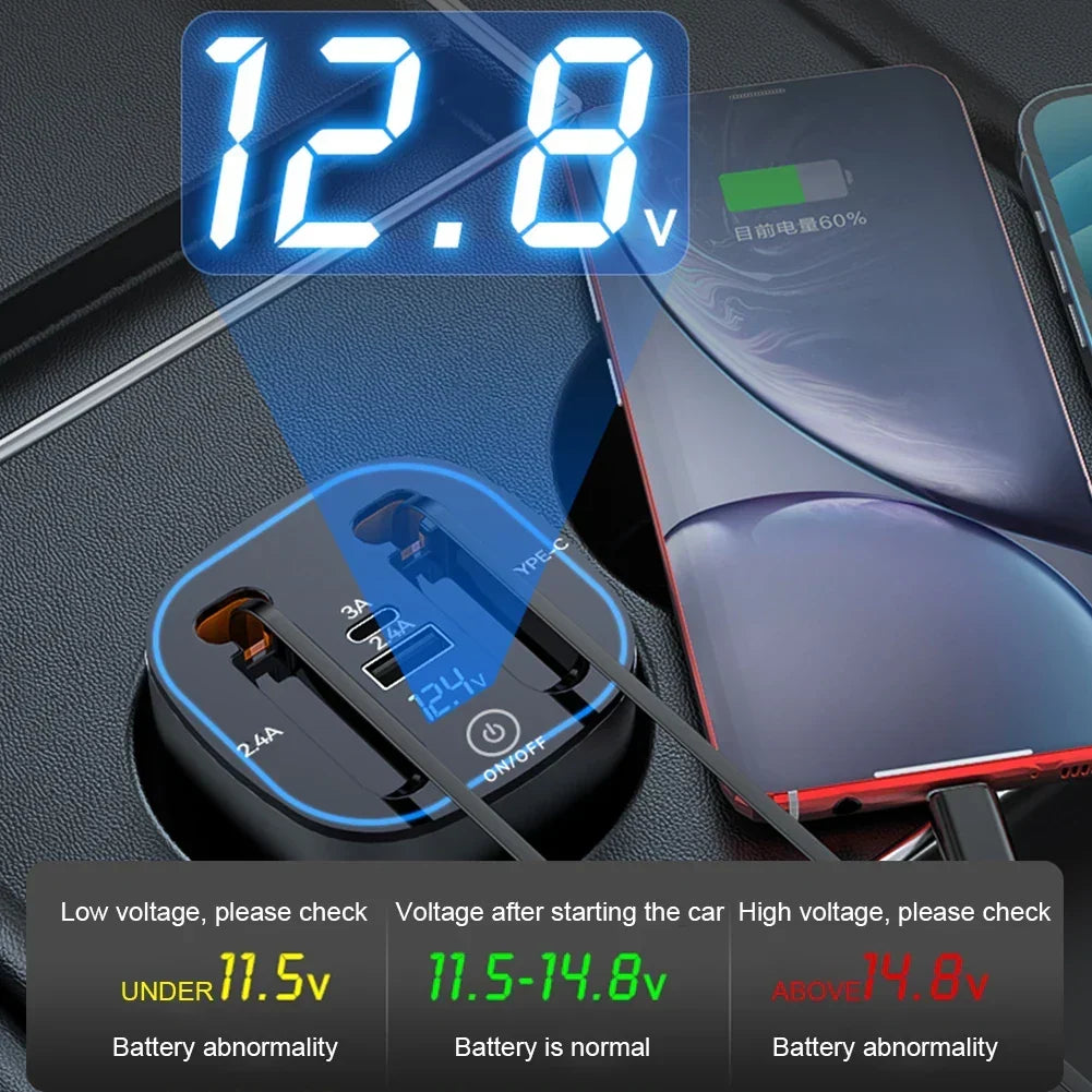 Car Charger Retractable Cable Fast Charging for Apple & USB-C
