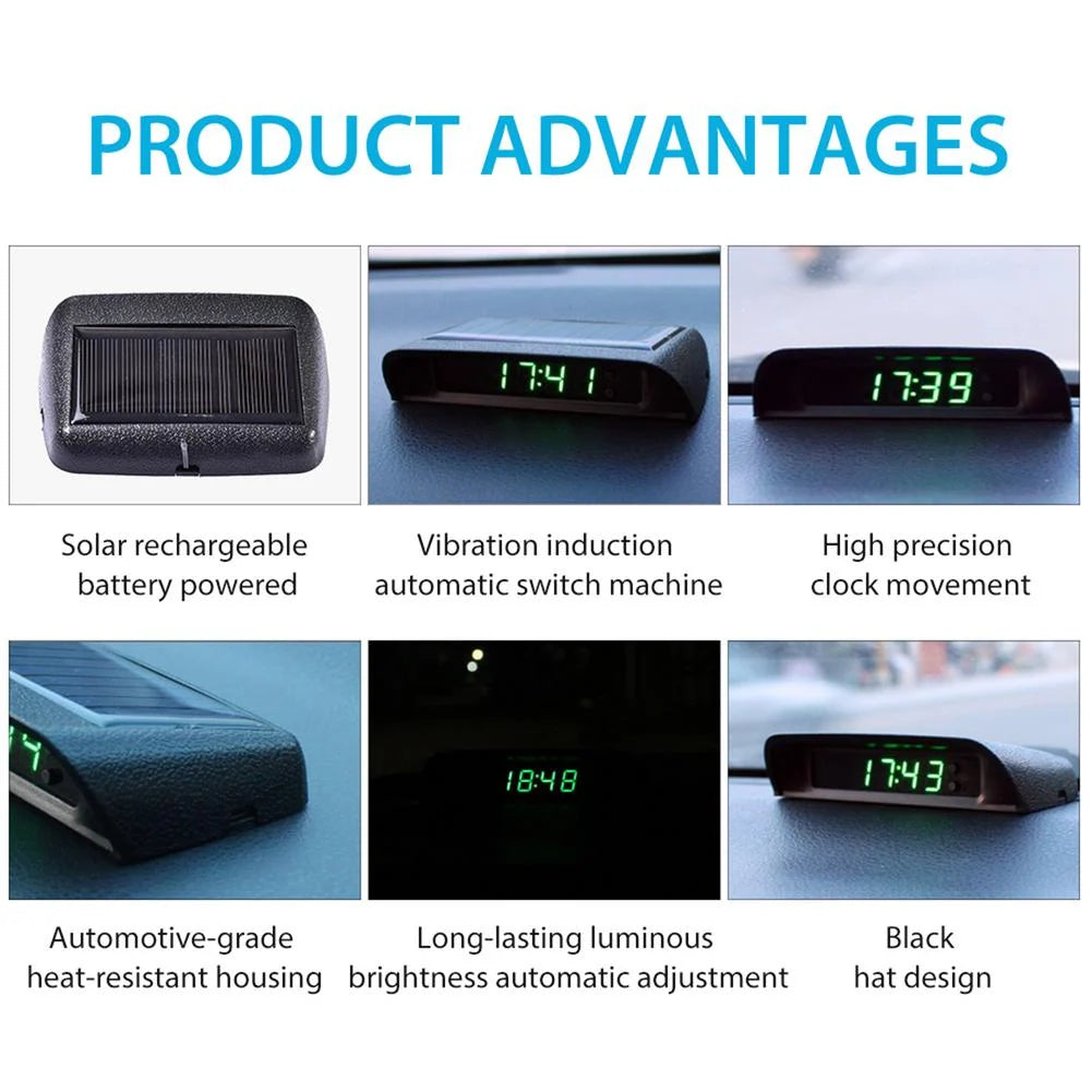 Car Dashboard Clock Solar-Powered Auto-Brightness Display