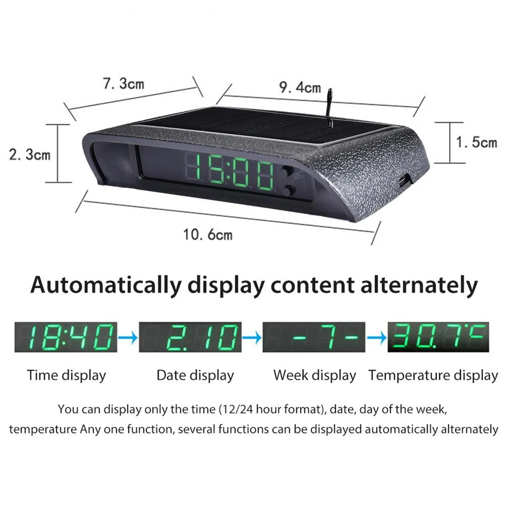 Car Dashboard Clock Solar-Powered Auto-Brightness Display