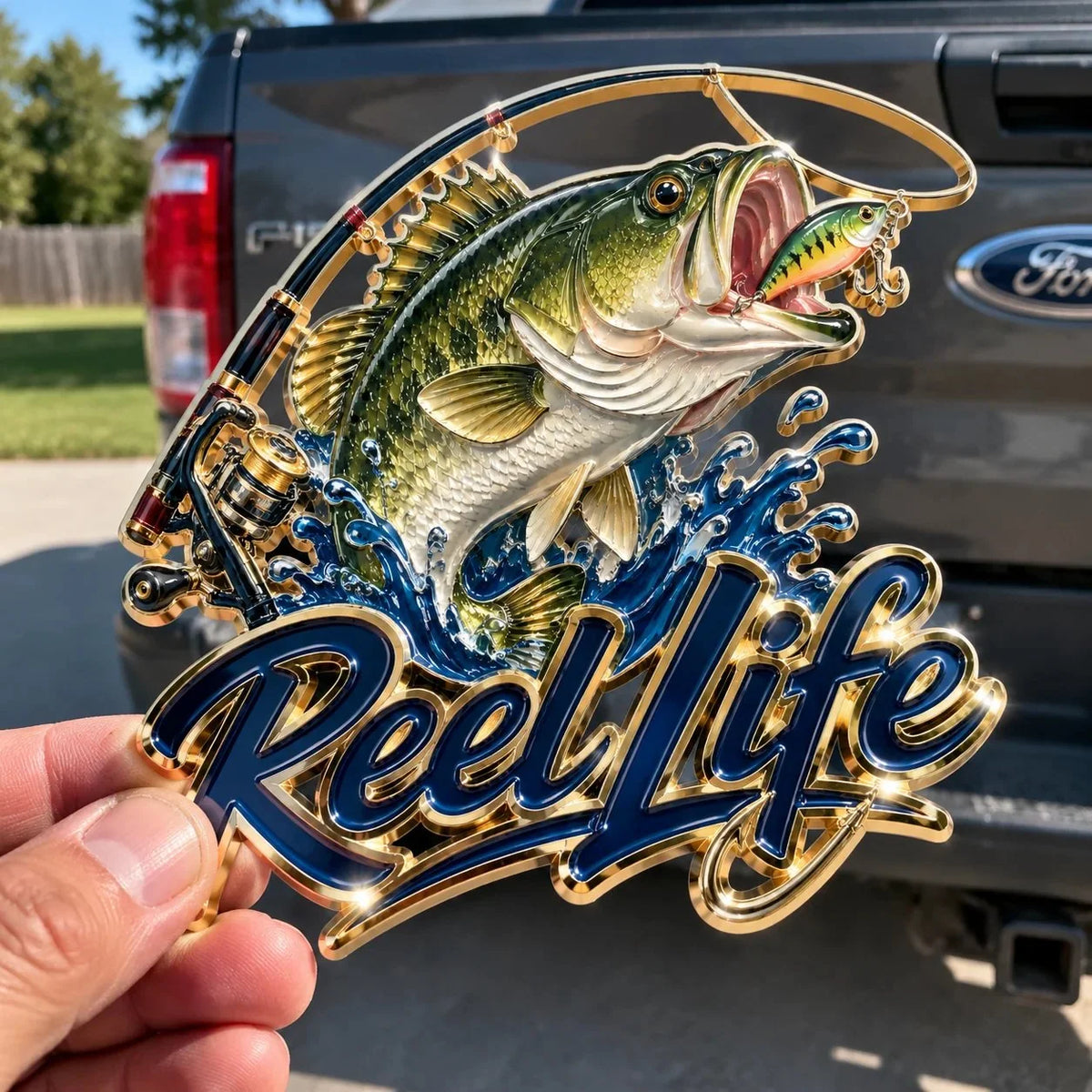 Car Emblem 3D Bass Fishing Metal Weather-Resistant Adhesive Backing