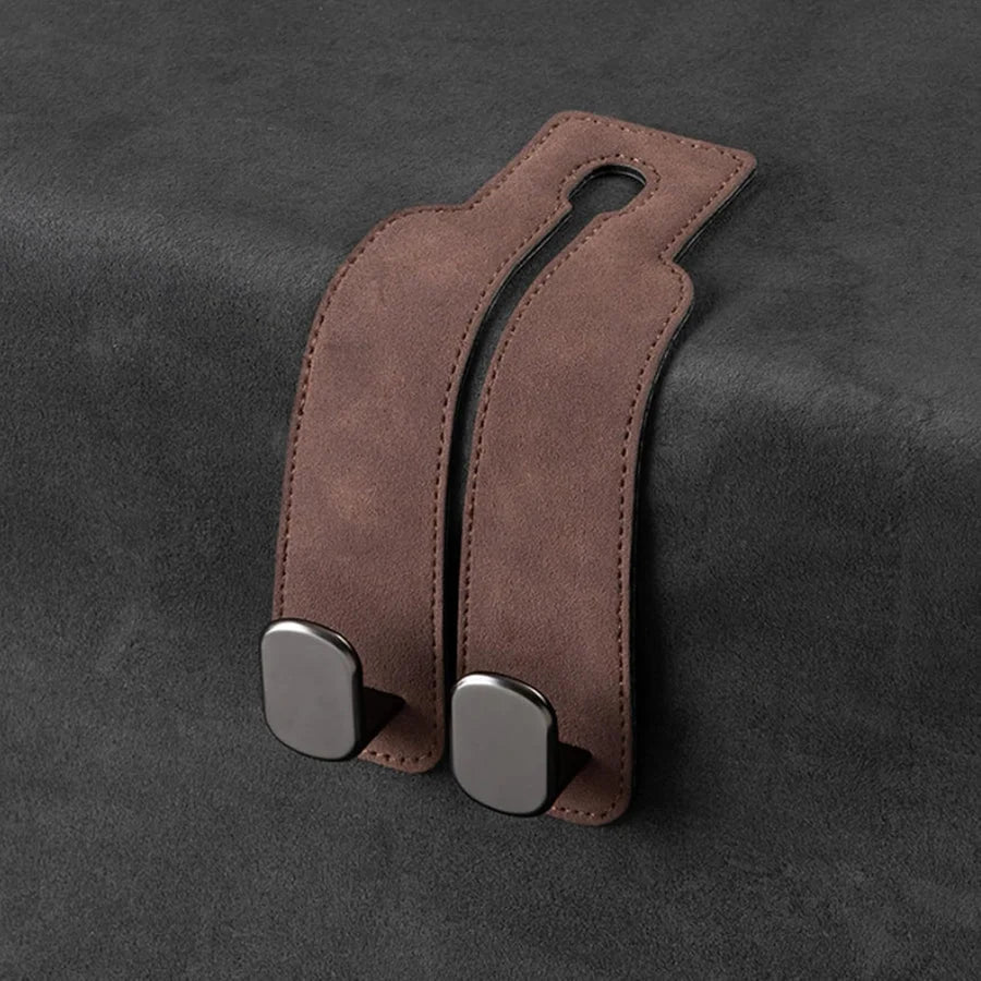 Car Headrest Hooks Leather-Wrapped Foldable Pair 30 lb Capacity