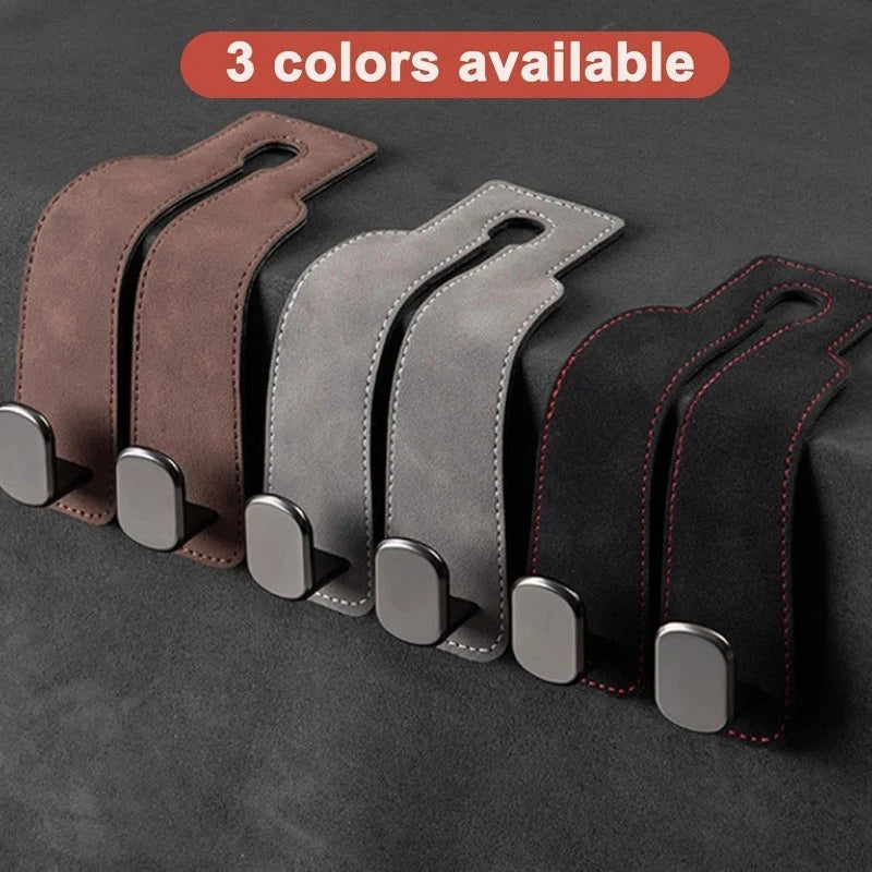 Car Headrest Hooks Leather-Wrapped Foldable Pair 30 lb Capacity