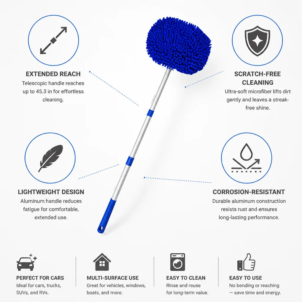 Car Wash Mop Telescopic Aluminum Handle Microfiber Head