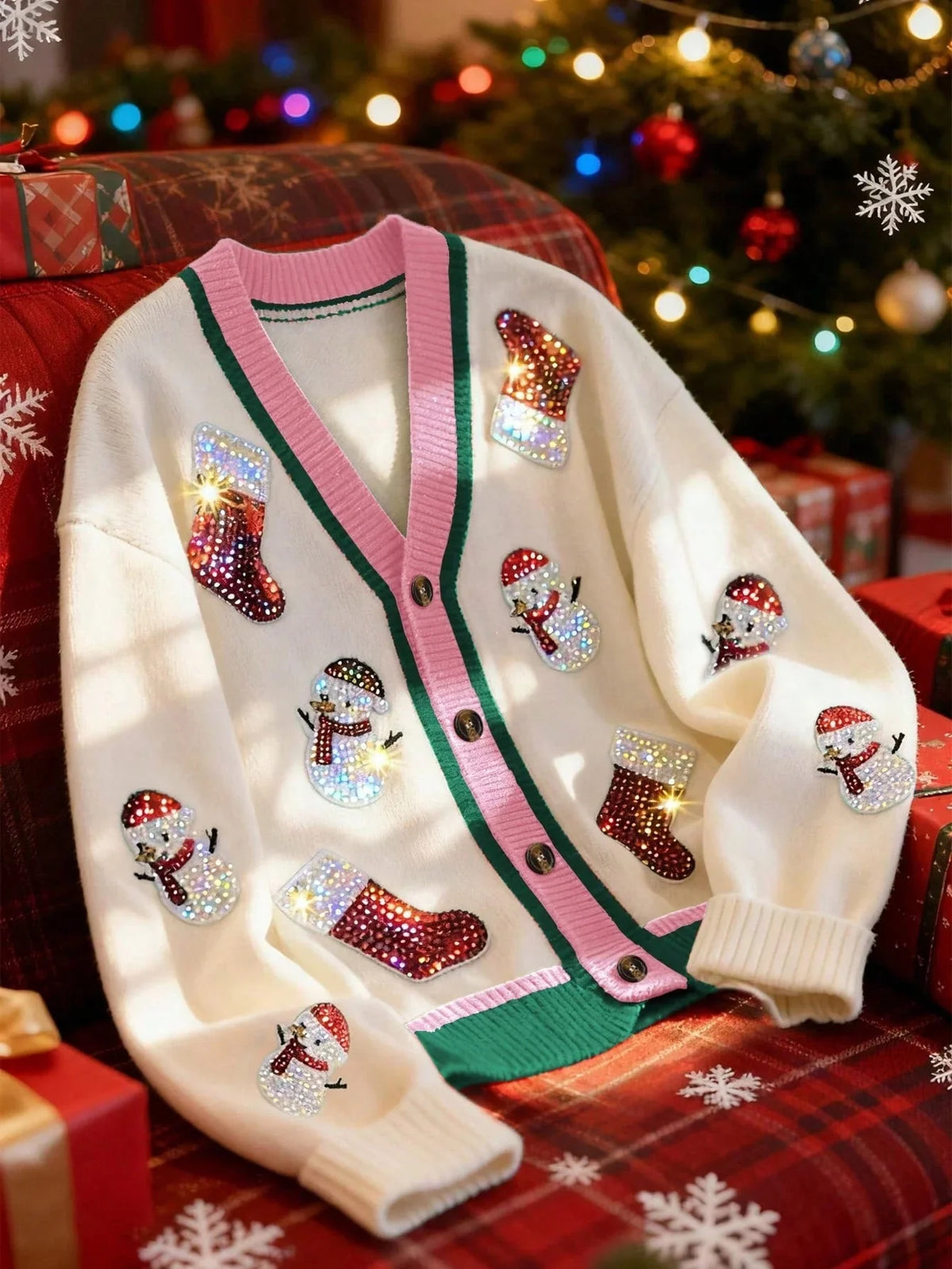 Cardigan Festive Multicolor Rib Knit Drop Shoulder