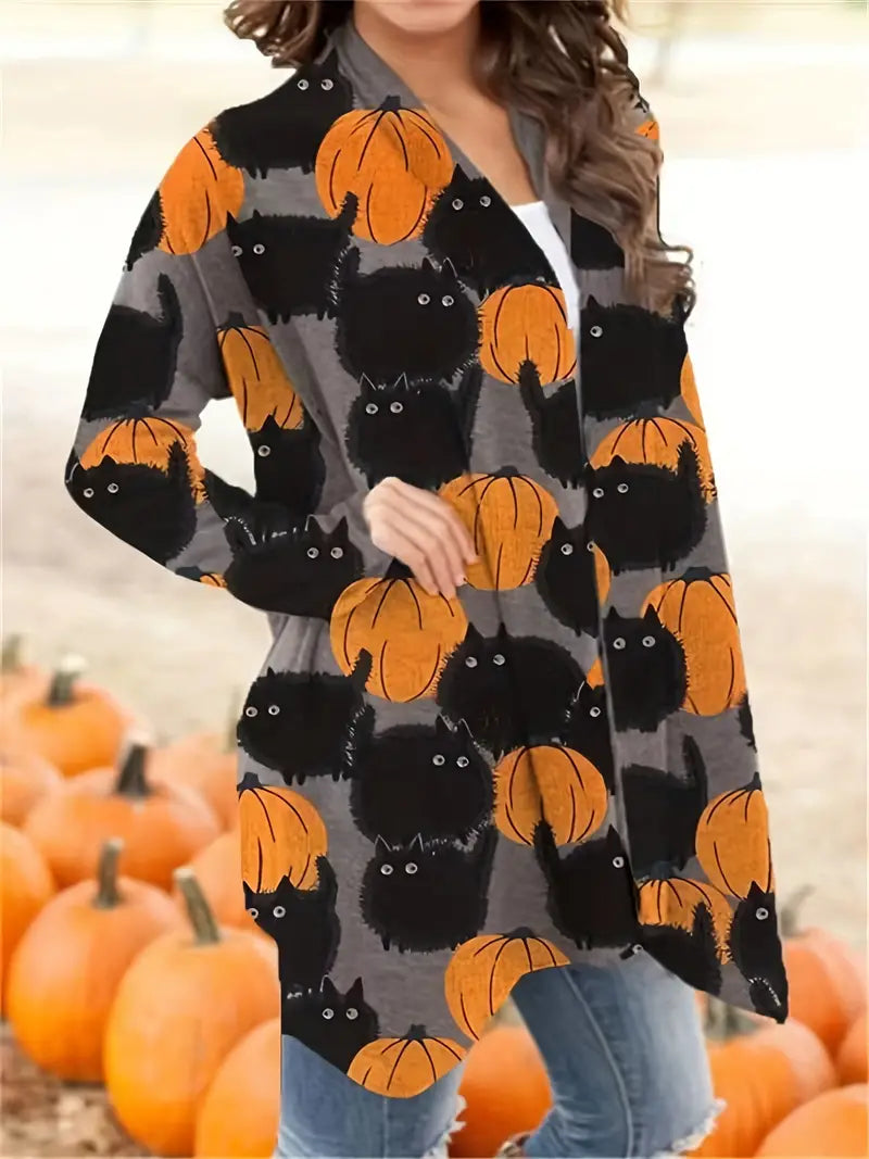 Cardigan Pumpkin Print Stretch Knit Button Front
