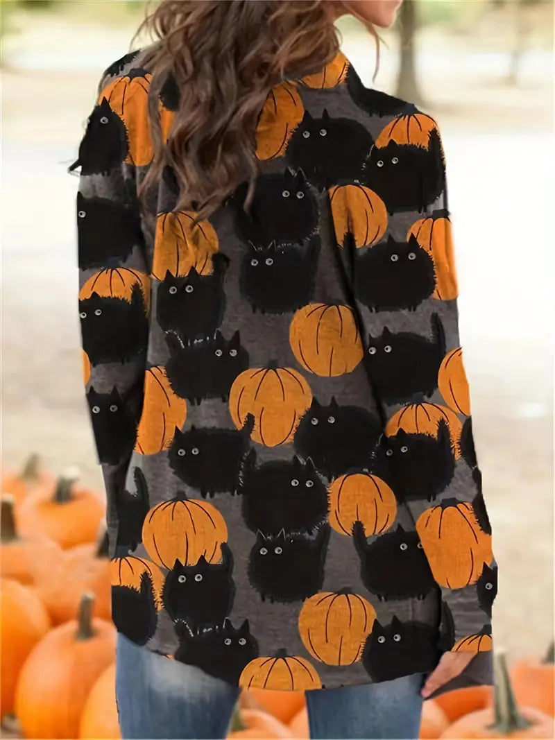 Cardigan Pumpkin Print Stretch Knit Button Front