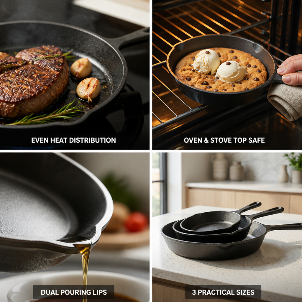 Cast Iron Even-Heat Frying Pan Set (3-Piece)