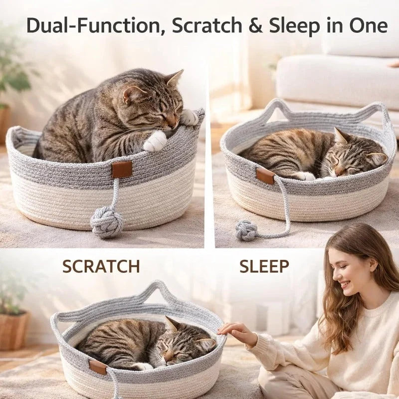 Cat Bed & Scratcher Woven Cotton Rope Toy