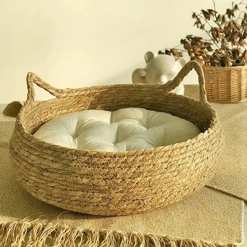 Cat Bed Woven Cattail Grass Removable Washable Pad
