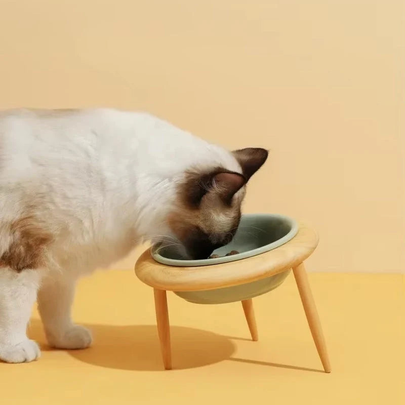 Cat Bowl Adjustable Height Ceramic & Oak Stand