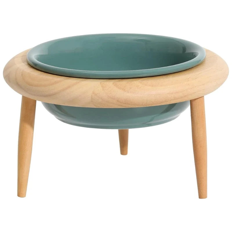Cat Bowl Adjustable Height Ceramic & Oak Stand