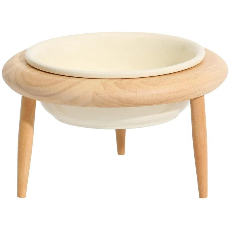 Cat Bowl Adjustable Height Ceramic & Oak Stand