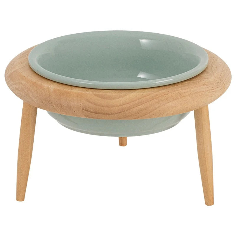 Cat Bowl Adjustable Height Ceramic & Oak Stand