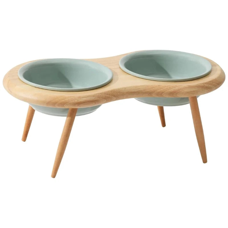 Cat Bowl Adjustable Height Ceramic & Oak Stand