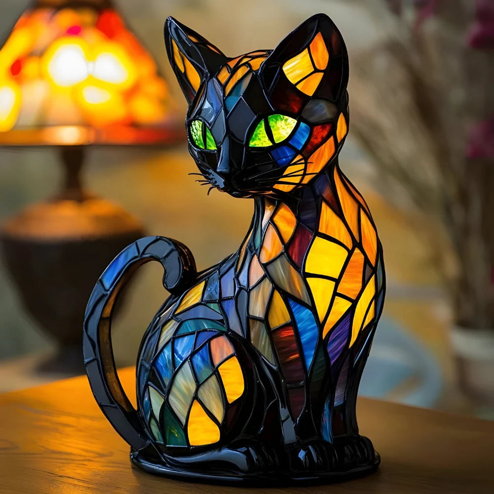 Cat Table Lamp Glass Mosaic Color-Changing Glow
