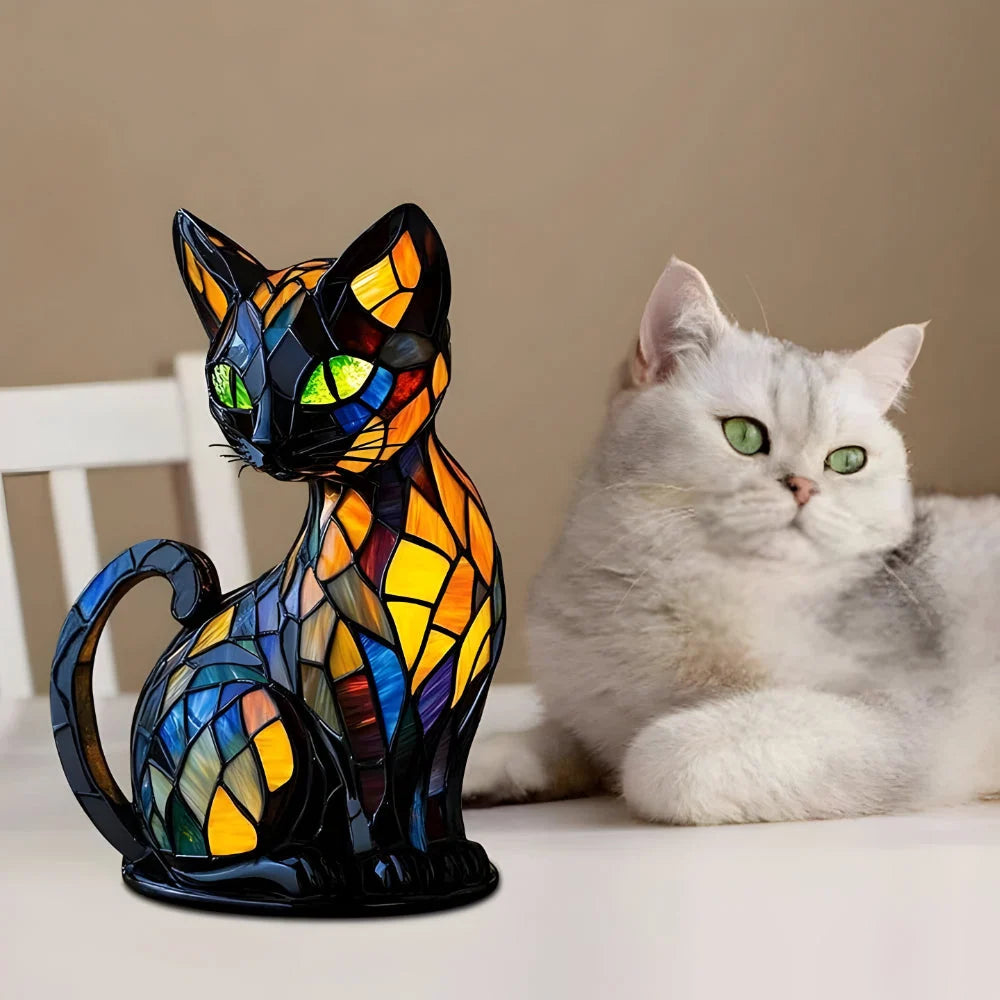 Cat Table Lamp Glass Mosaic Color-Changing Glow