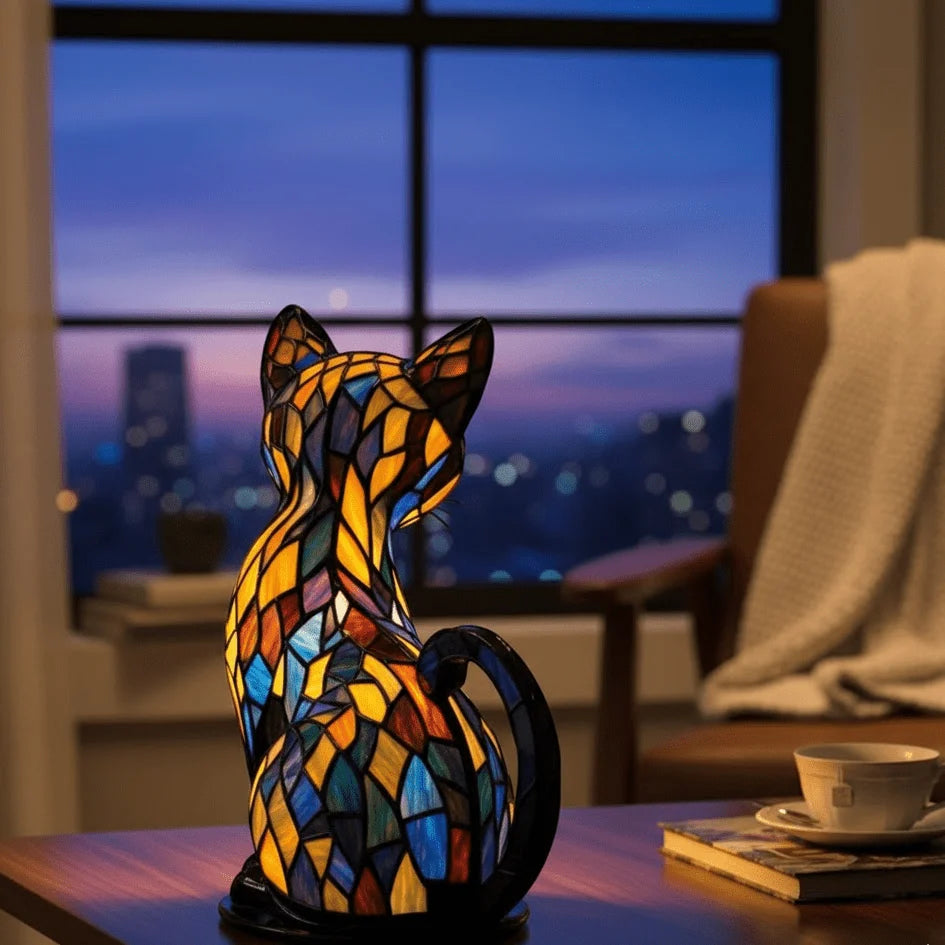 Cat Table Lamp Handmade Resin Warm White LED