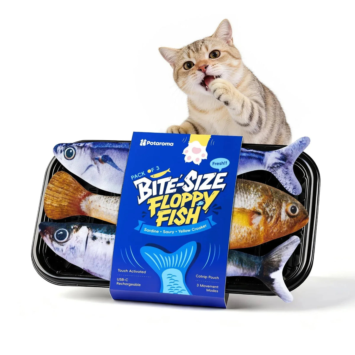 Cat Toy Flopping Fish Touch-Activated Rechargeable 3-Pack