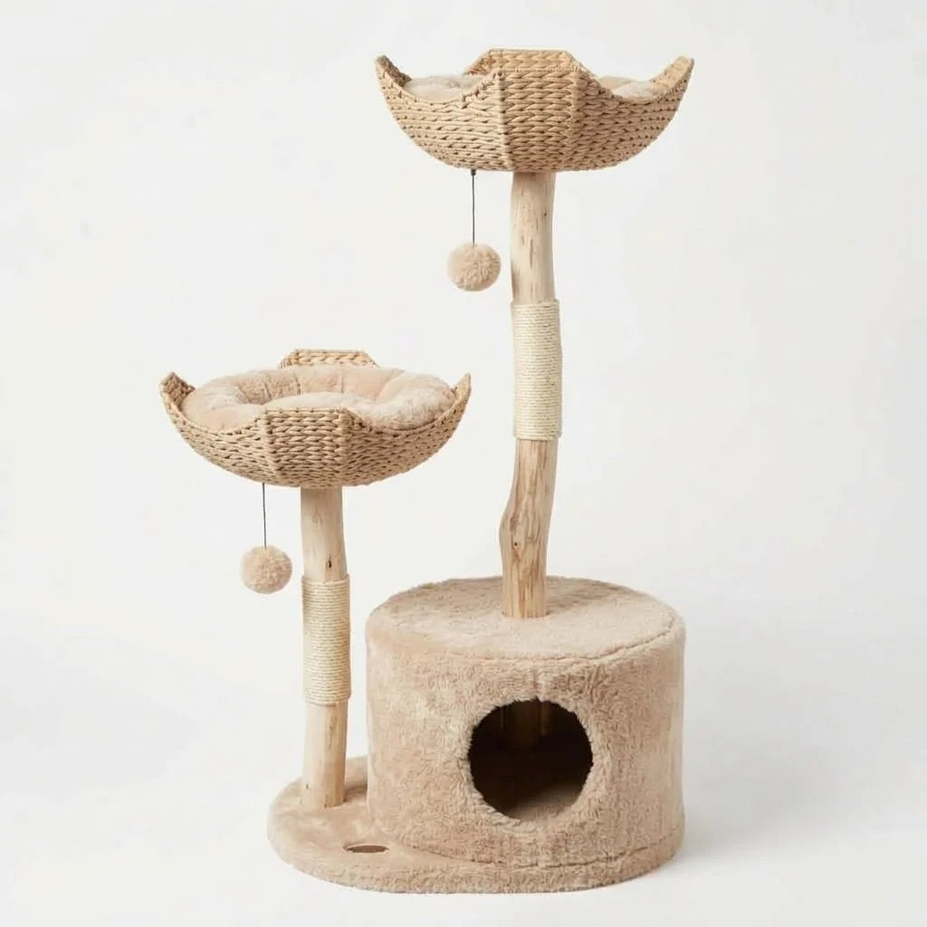 Cat Tree Natural Branch Design With Woven Baskets & Cozy Cave