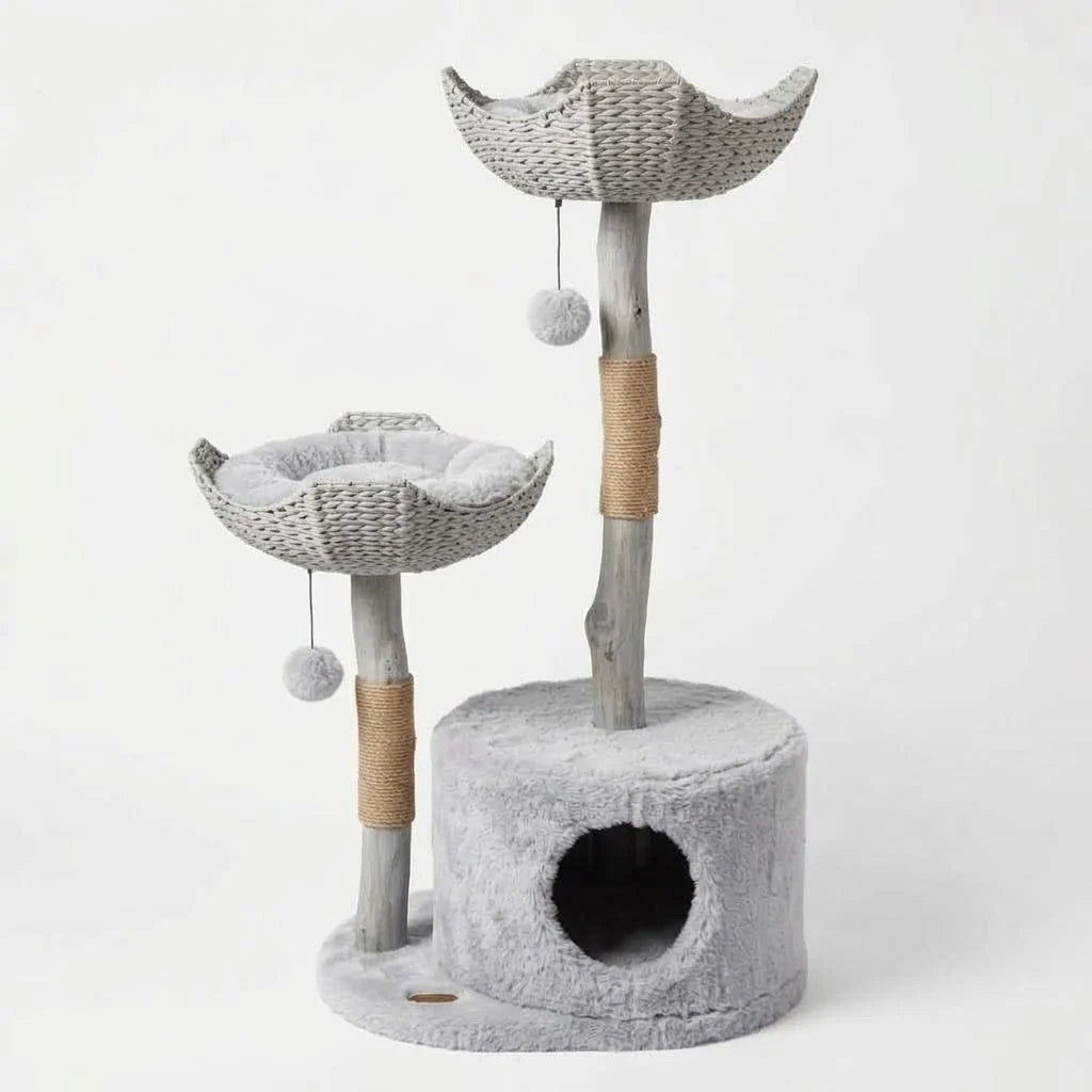 Cat Tree Natural Branch Design With Woven Baskets & Cozy Cave