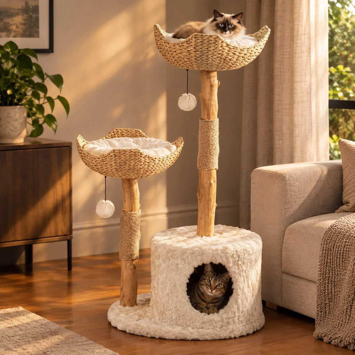 Cat Tree Natural Branch Design With Woven Baskets & Cozy Cave